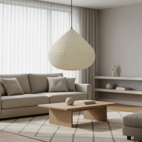 Pendant Light with Ribbed Paper Shade and Adjustable Suspension