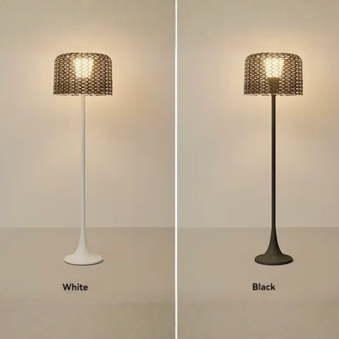 Floor Lamp with Woven Rattan Shade and Solar Outdoor Lighting
