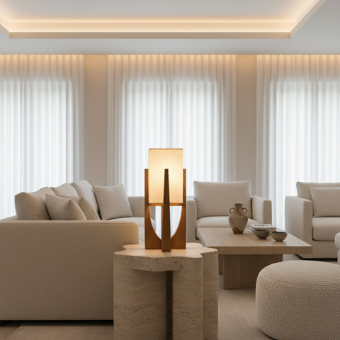 Table and Floor Lamp with Fabric Shade and Cutout Wood Base