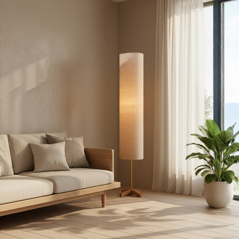 Floor Lamp with Tall Fabric Shade and Crossed Wood Base