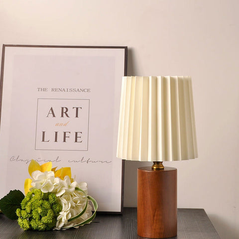 Pleated Fabric Table Lamp with Wood Base and Cylinder Shade