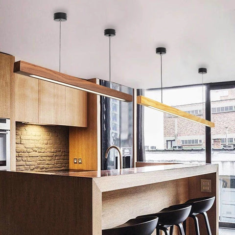 Linear Wood-Look LED Pendant Light for Kitchen Islands and Dining Tables