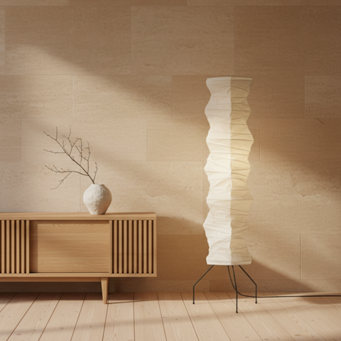 Floor Lamp with Sculptural Paper Shade and Warm LED Light