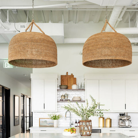 Pendant Light with Handwoven Rattan and Japandi Dome Shade