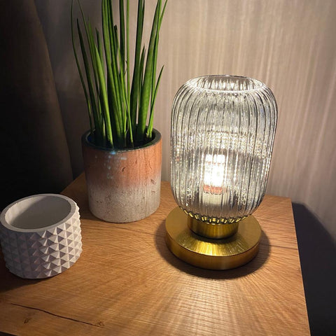 Ribbed Glass Table Lamp with Metal Base and Decorative Ambient Lighting