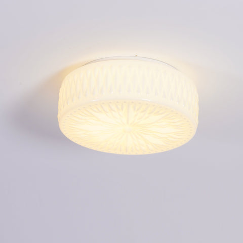 Ceiling Light with Textured Glass Drum Shade and Warm LED Light