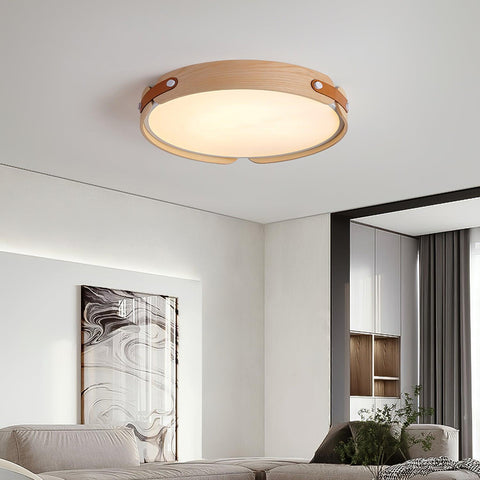 Ceiling Light with Wooden Rim and Leather Details for Warm LED Glow