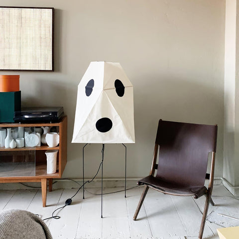 Floor Lamp with Faceted Paper Lantern and Circular Motifs