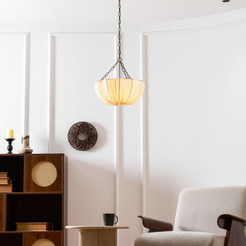 Chandelier with Gathered Cotton Shade and Suspended Bowl Design