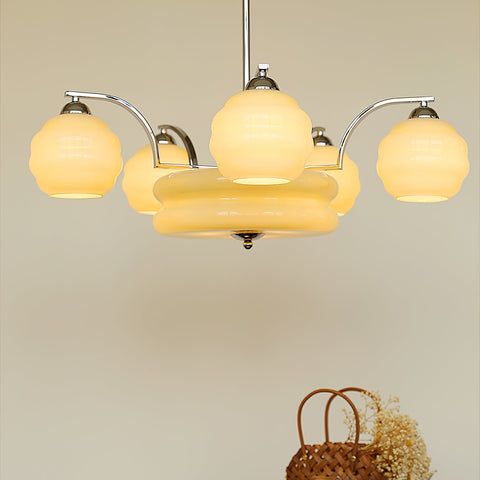 Chandelier with Curved Metal Arms and Ribbed Glass Globe Shades