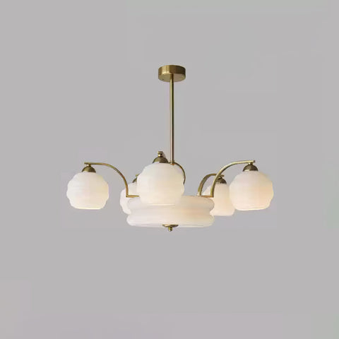 Chandelier with Curved Metal Arms and Ribbed Glass Globe Shades