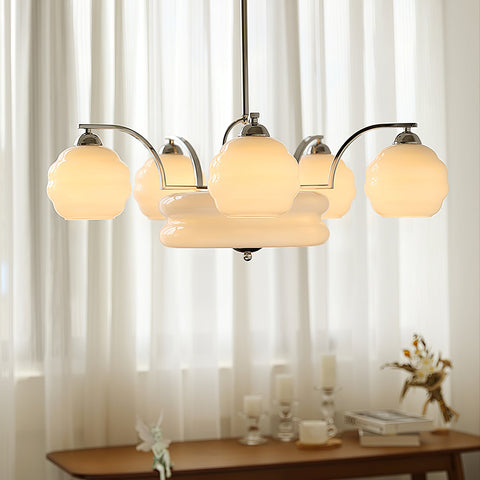 Chandelier with Curved Metal Arms and Ribbed Glass Globe Shades