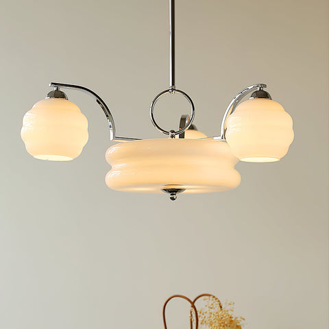 Chandelier with Curved Metal Arms and Ribbed Glass Globe Shades