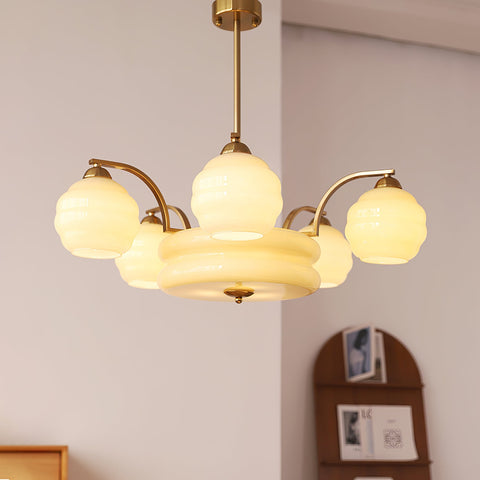 Chandelier with Curved Metal Arms and Ribbed Glass Globe Shades