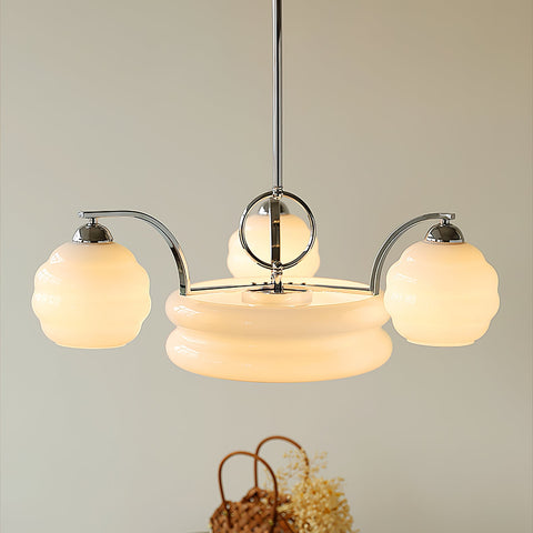 Chandelier with Curved Metal Arms and Ribbed Glass Globe Shades