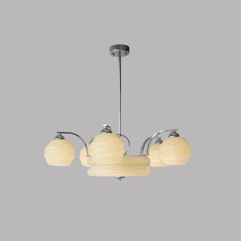 Chandelier with Curved Metal Arms and Ribbed Glass Globe Shades