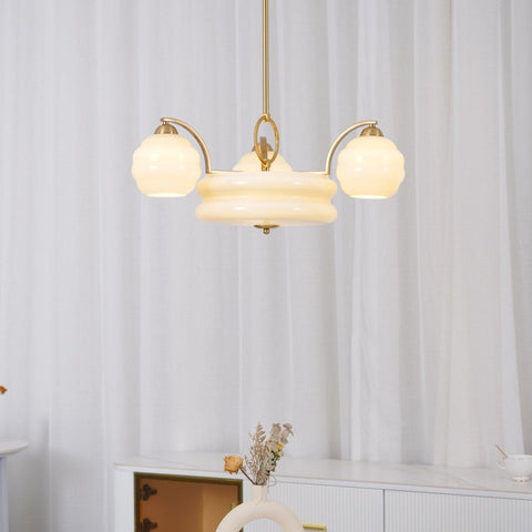 Chandelier with Curved Metal Arms and Ribbed Glass Globe Shades