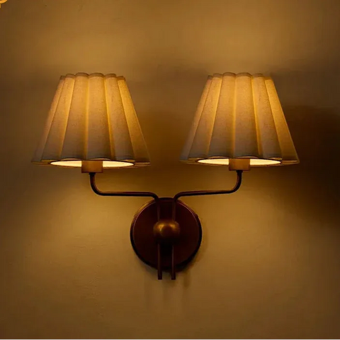 Art Deco Wall Sconce with Twin Fabric Shades and Metal Frame