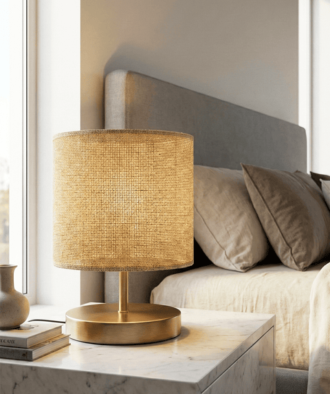 Natural Fabric Table Lamp with Brass-Finish Base