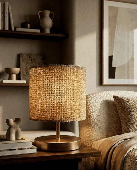 Natural Fabric Table Lamp with Brass-Finish Base