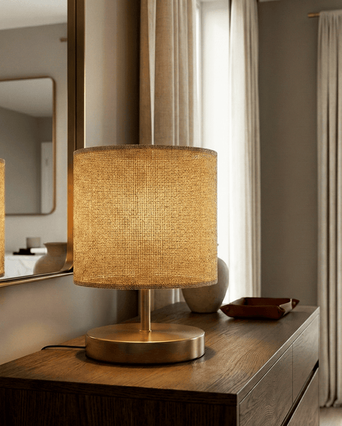 Natural Fabric Table Lamp with Brass-Finish Base