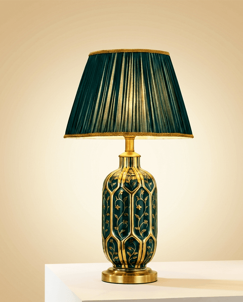 Green Ceramic Table Lamp with Pleated Fabric Shade