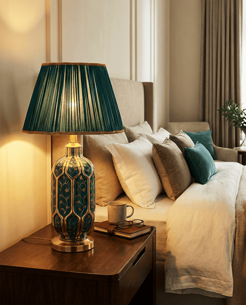Green Ceramic Table Lamp with Pleated Fabric Shade