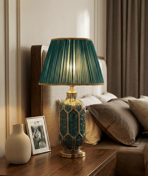 Green Ceramic Table Lamp with Pleated Fabric Shade