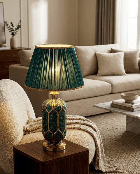Green Ceramic Table Lamp with Pleated Fabric Shade