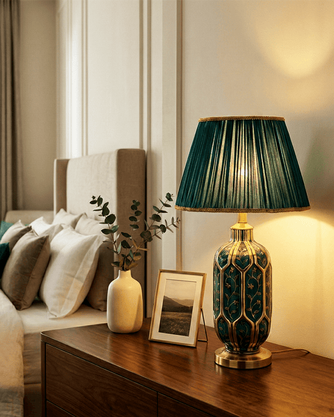 Green Ceramic Table Lamp with Pleated Fabric Shade