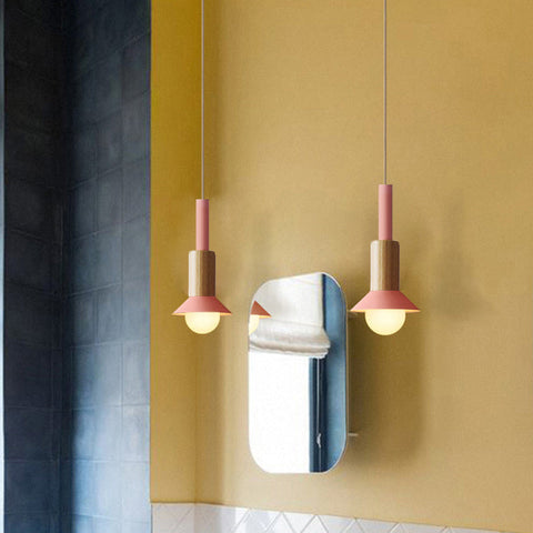 Scandinavian Wood Pendant Light with Modern Iron Shade for Ambient Lighting