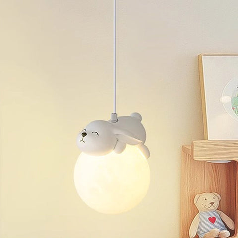 Moon Pendant Light with Resin Bear for Cozy Ambient Lighting