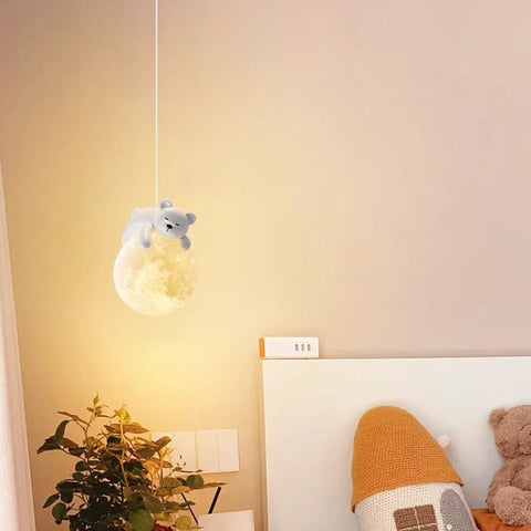 Moon Pendant Light with Resin Bear for Cozy Ambient Lighting