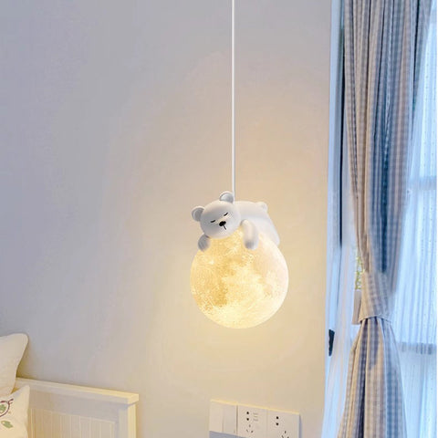 Moon Pendant Light with Resin Bear for Cozy Ambient Lighting