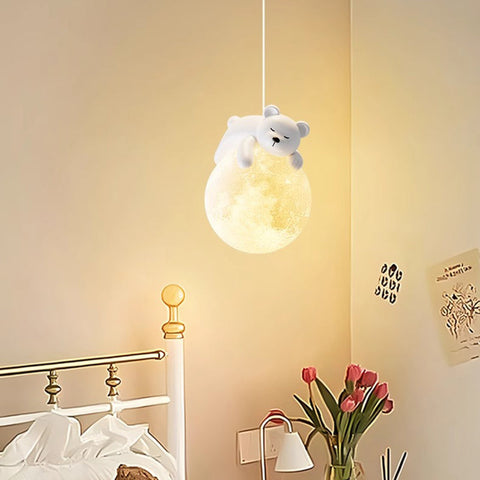 Moon Pendant Light with Resin Bear for Cozy Ambient Lighting