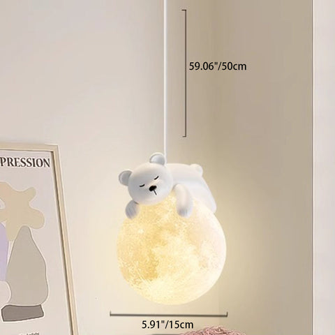 Moon Pendant Light with Resin Bear for Cozy Ambient Lighting