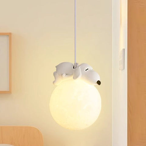 Moon Pendant Light with Resin Bear for Cozy Ambient Lighting