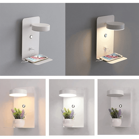 LED Bedside Wall Lamp with Shelf and USB Charging Port