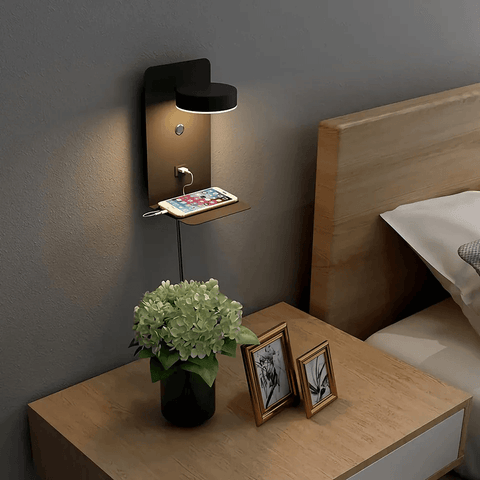 LED Bedside Wall Lamp with Shelf and USB Charging Port