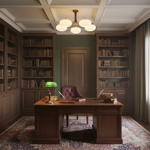 Persimmon Glass Chandelier with Brass and Natural Wood Frame