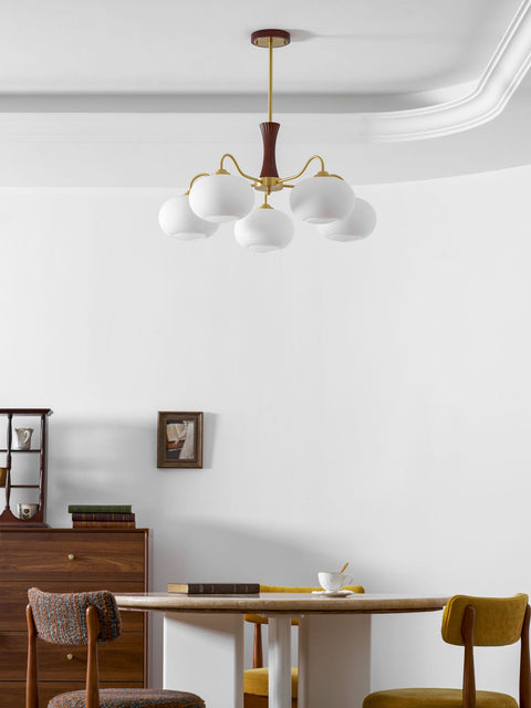 Persimmon Glass Chandelier with Brass and Natural Wood Frame