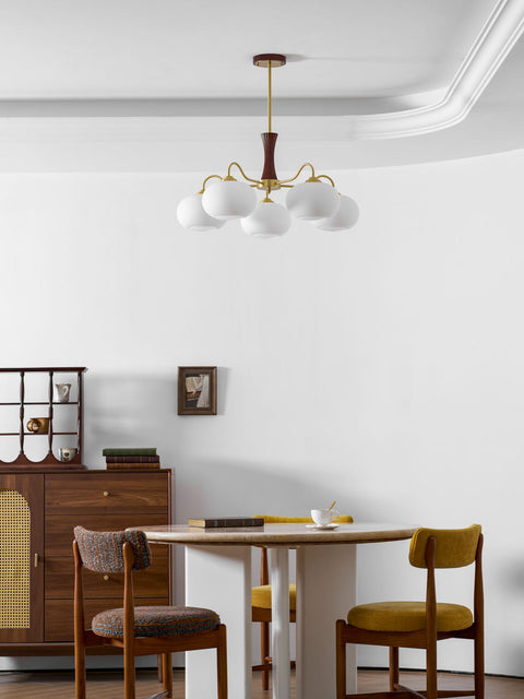 Persimmon Glass Chandelier with Brass and Natural Wood Frame