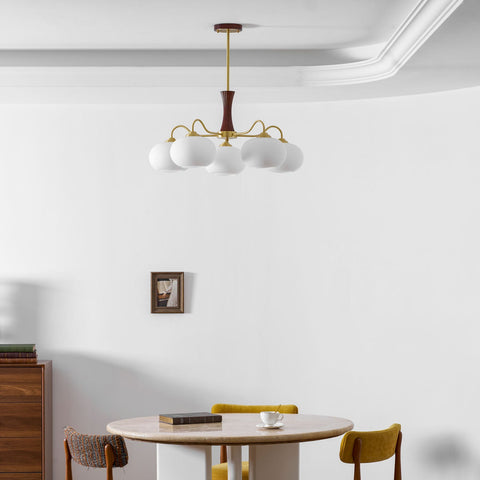 Persimmon Glass Chandelier with Brass and Natural Wood Frame
