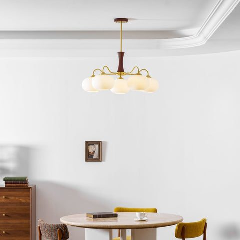 Persimmon Glass Chandelier with Brass and Natural Wood Frame
