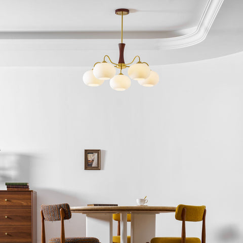 Persimmon Glass Chandelier with Brass and Natural Wood Frame