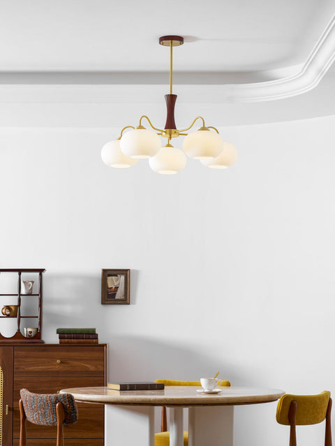 Persimmon Glass Chandelier with Brass and Natural Wood Frame