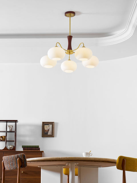 Persimmon Glass Chandelier with Brass and Natural Wood Frame