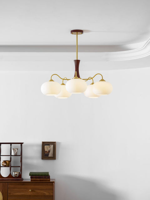 Persimmon Glass Chandelier with Brass and Natural Wood Frame