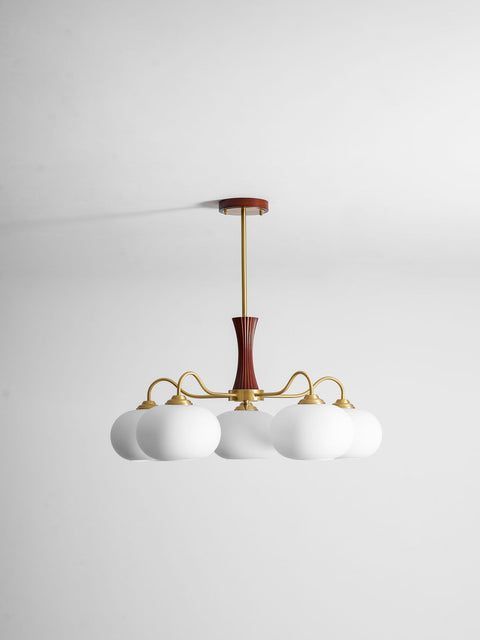 Persimmon Glass Chandelier with Brass and Natural Wood Frame