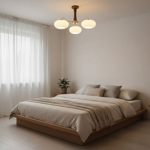 Persimmon Glass Chandelier with Brass and Natural Wood Frame